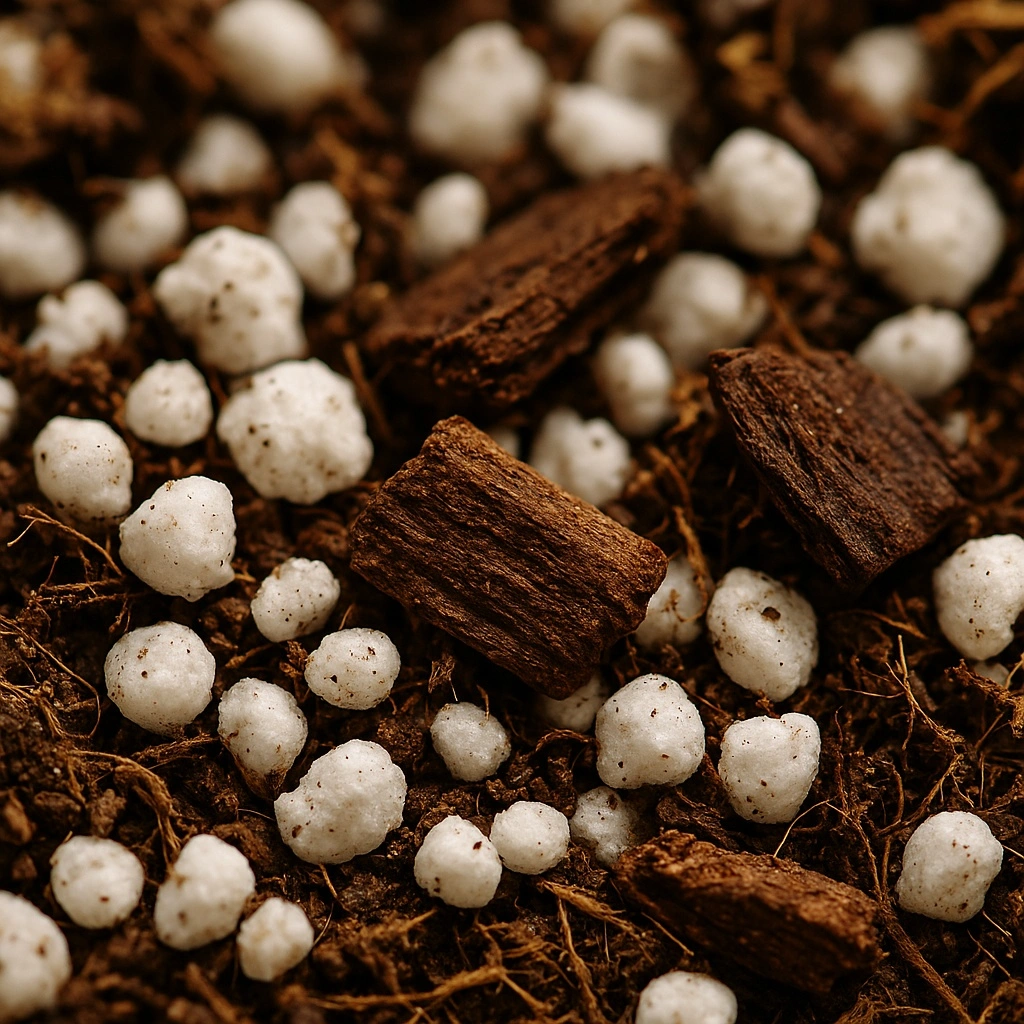 A close-up of a chunky aroid potting mix with perlite and orchid bark.