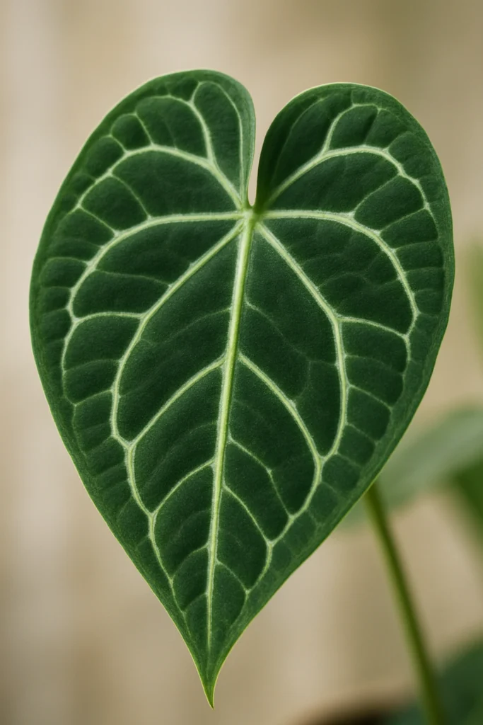 a close up of a lush anthurium crystallinum leaf highlighting its velvet leaves and striking white venation.