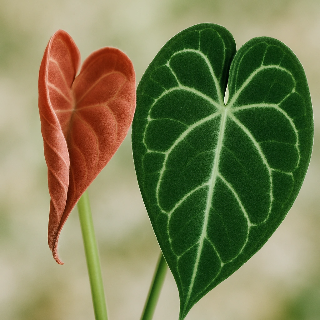 a new, reddish anthurium clarinervium leaf unfurling next to a mature green one, showing the leaf hardening process.