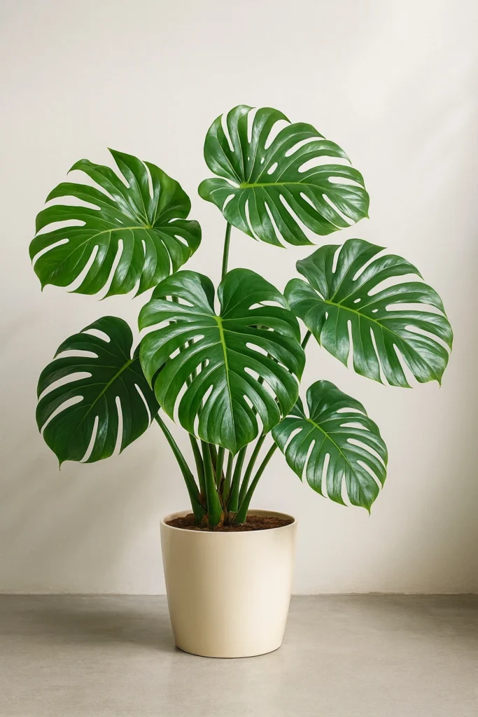 A healthy Monstera deliciosa with large, fenestrated leaves in bright indirect light.