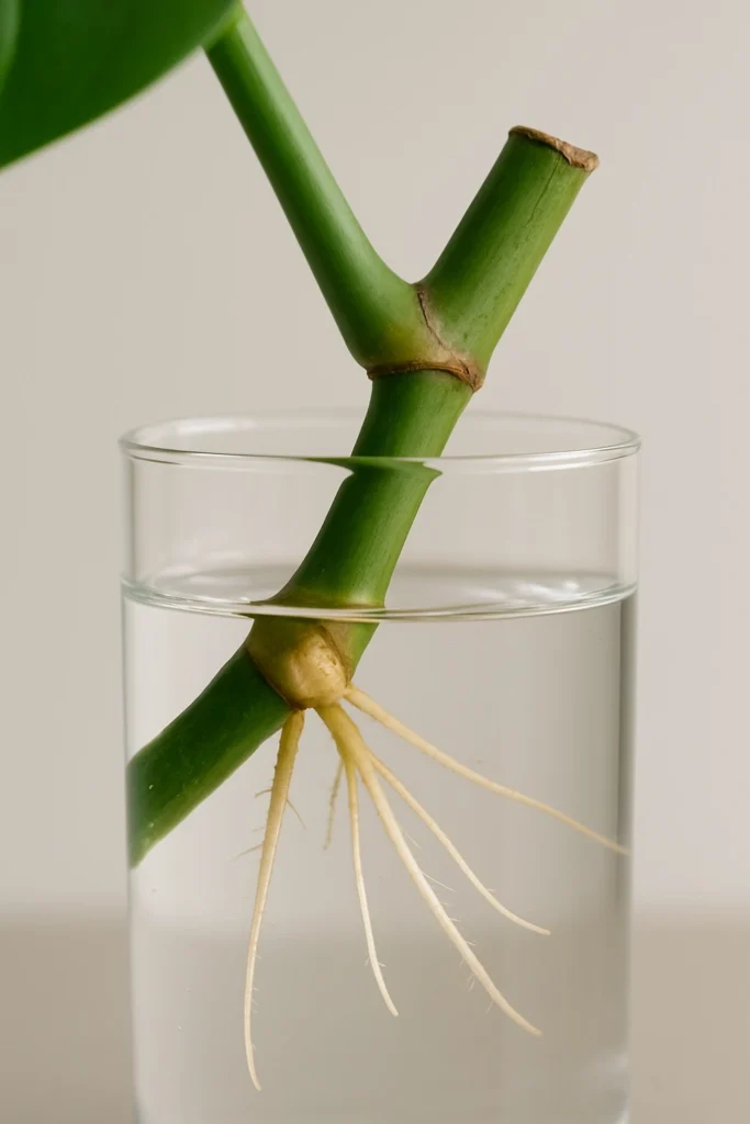 A Monstera cutting with a node and new roots growing in a clear glass of water.
