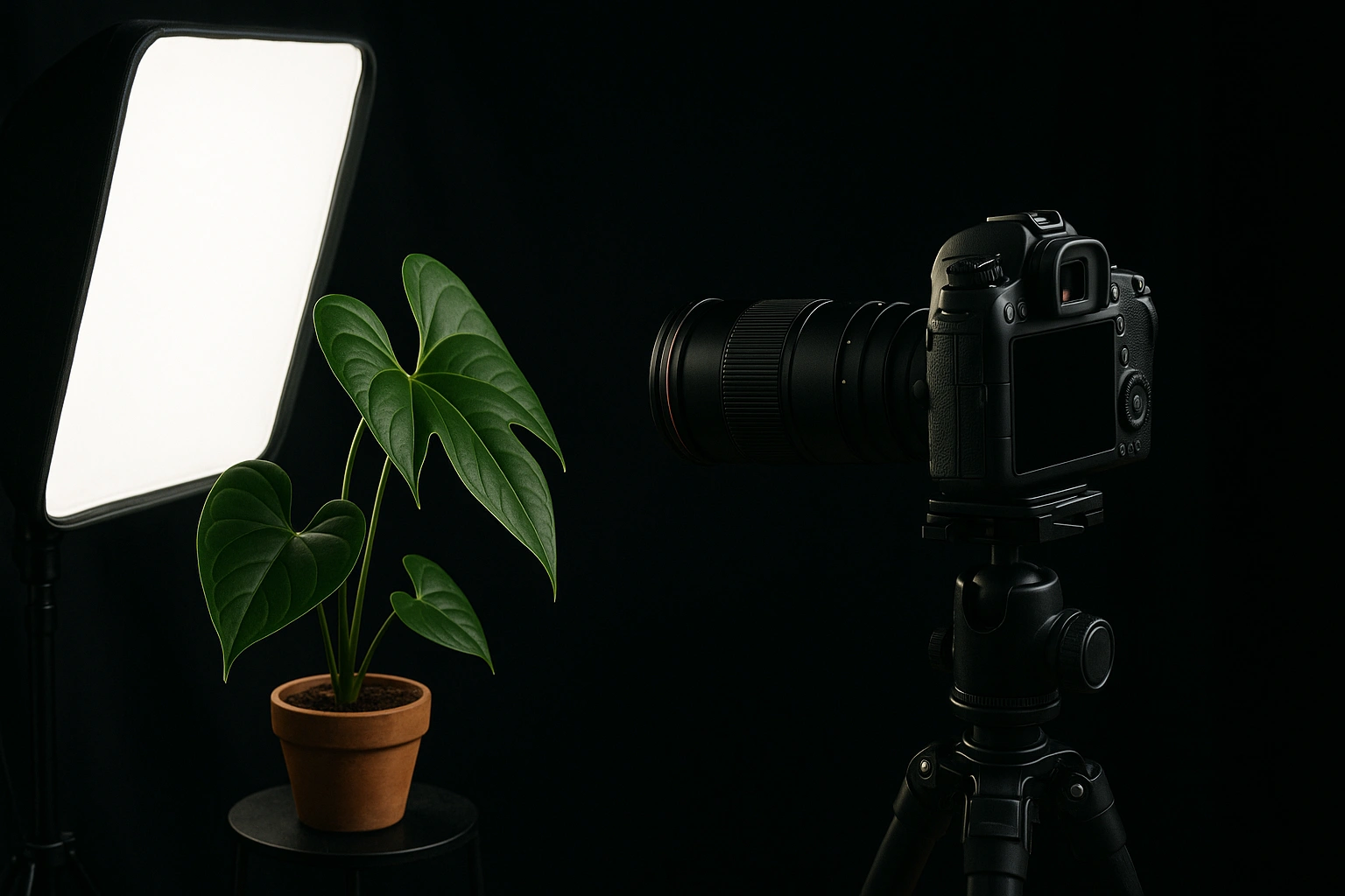 A camera on a tripod with a macro lens aimed at an anthurium, with a softbox light source to the side.
