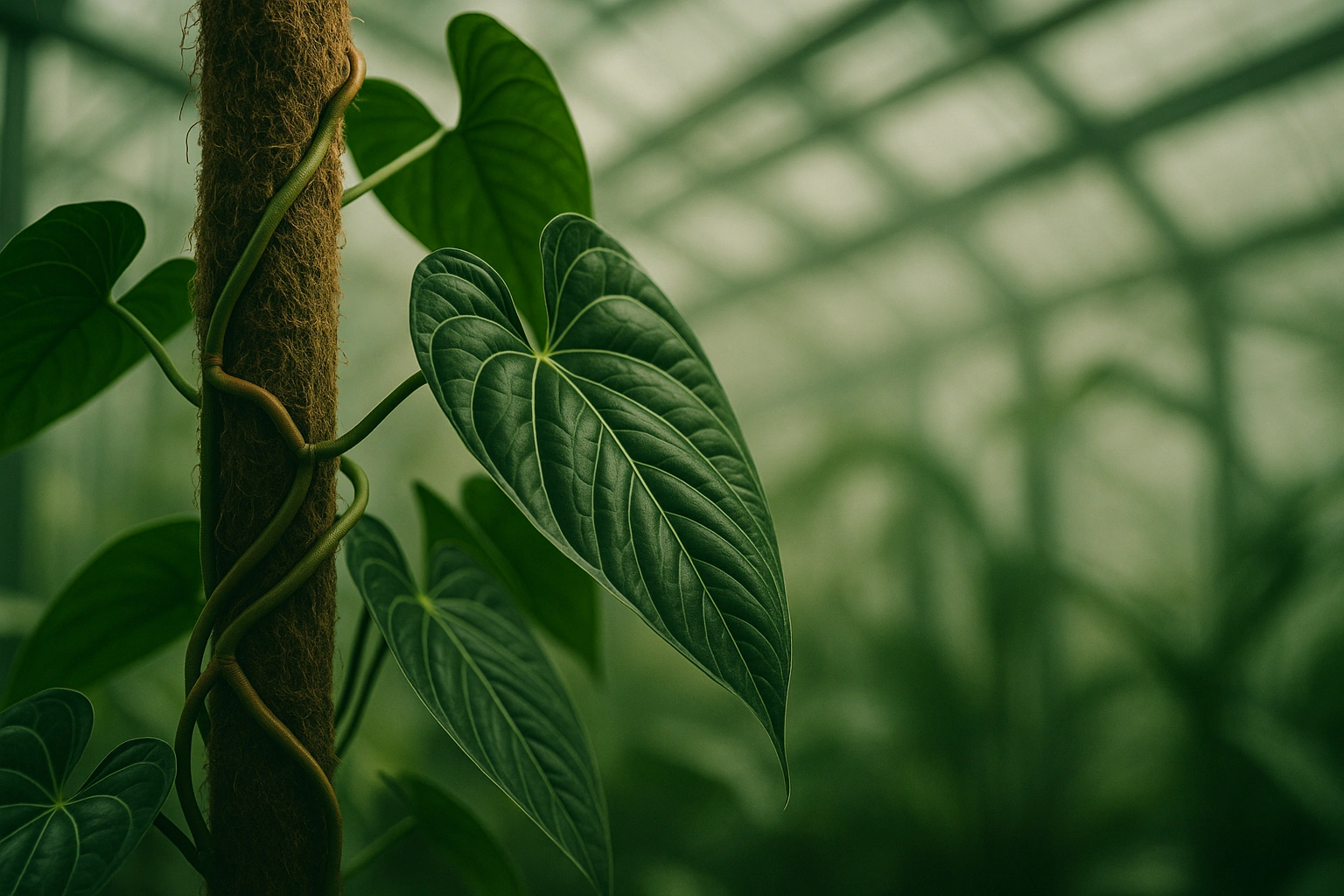 A climbing anthurium with aerial roots attaching to a moss pole for support.