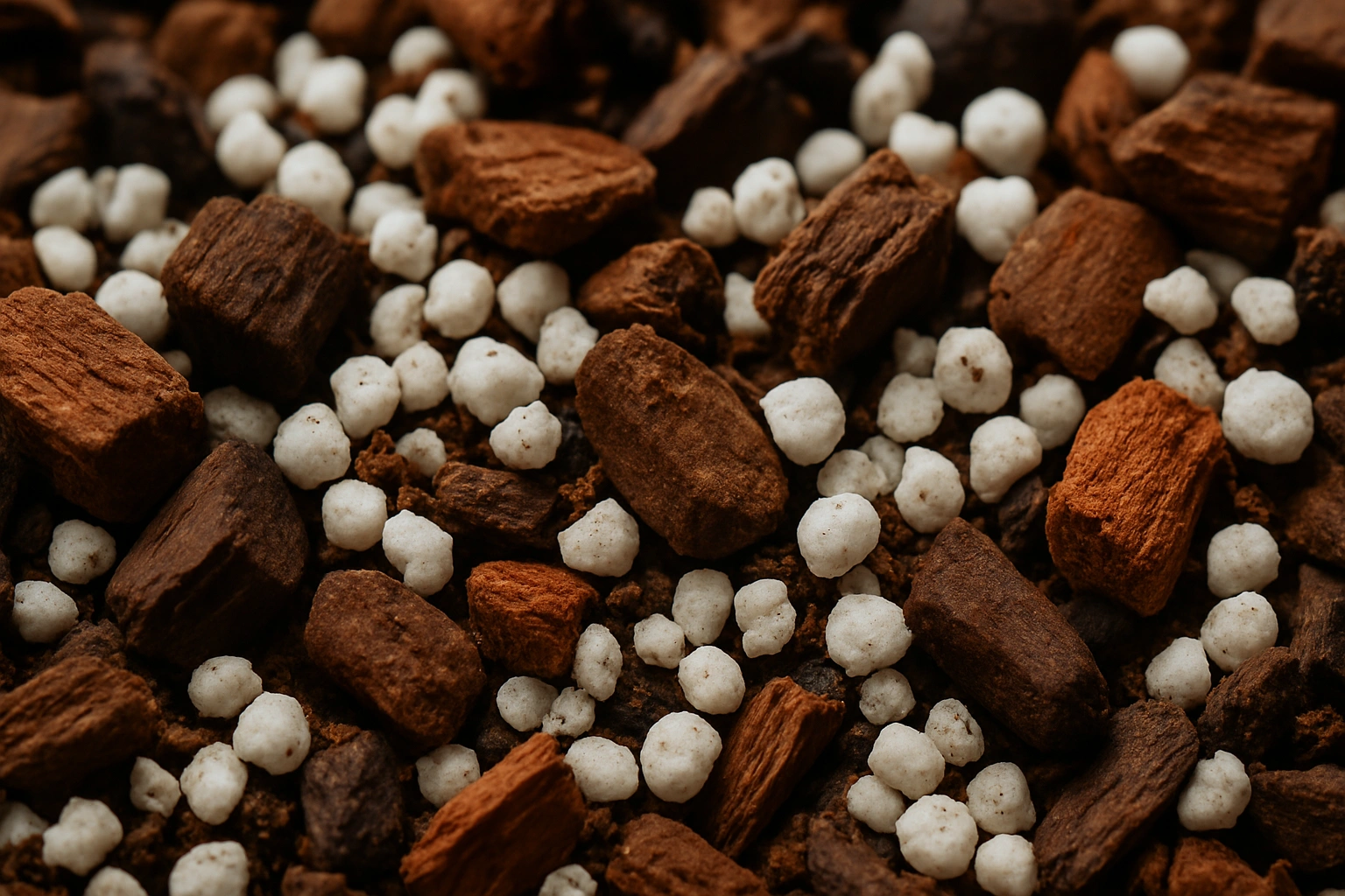 A close-up of a chunky, well-draining aroid potting mix, showing orchid bark and perlite.