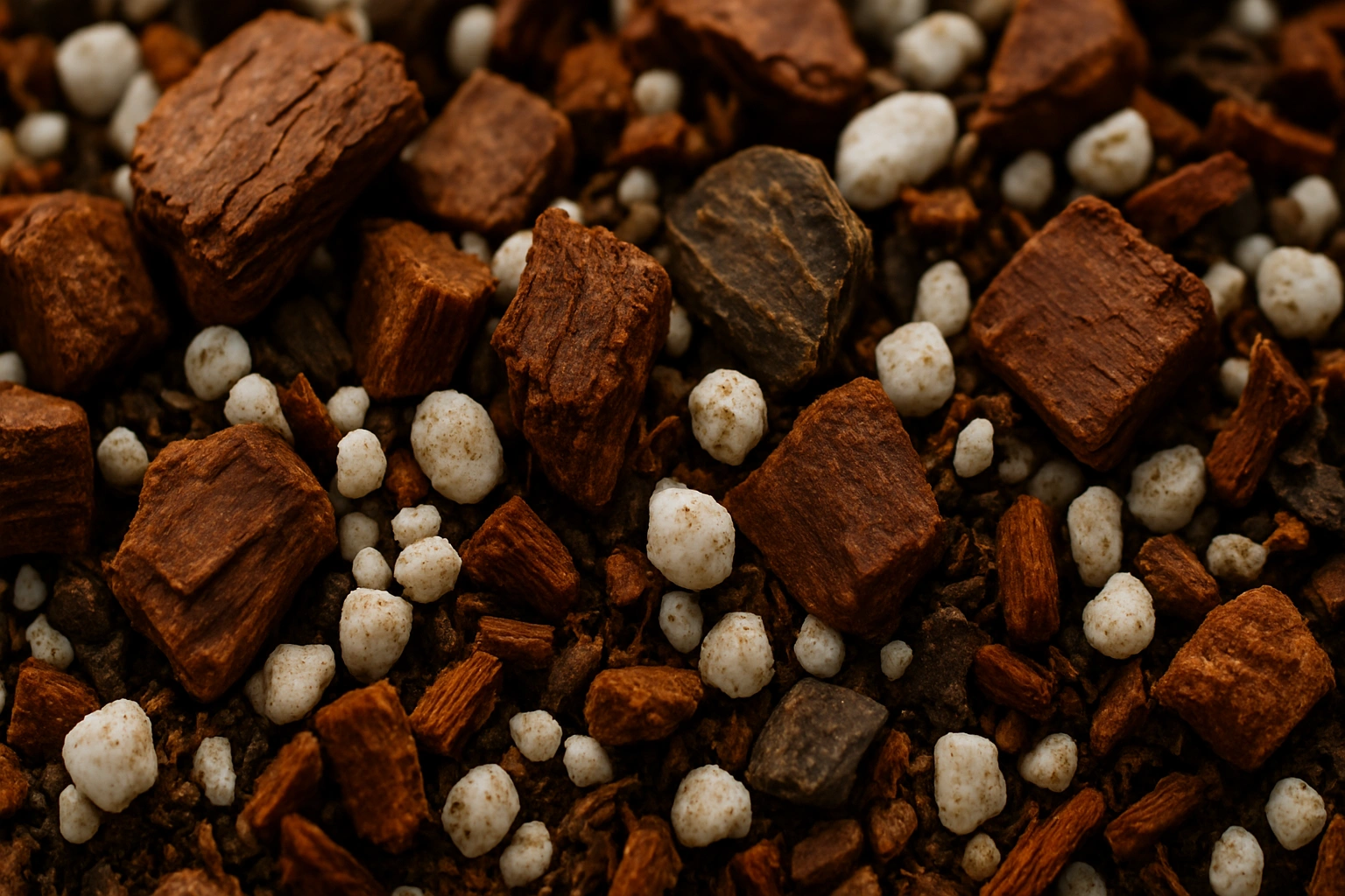 A close-up of a chunky, well-draining aroid potting mix, showing orchid bark and perlite.