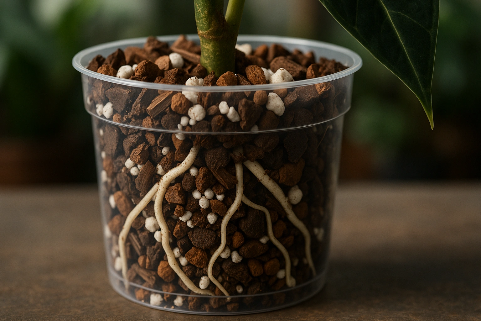 A close-up of a healthy anthurium showing vibrant leaves and strong roots.