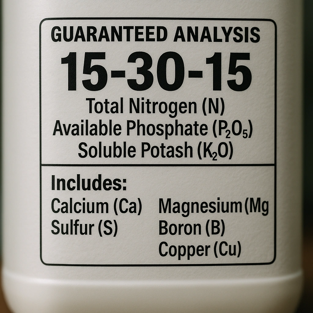 A close-up of a liquid fertilizer bottle label, highlighting the N-P-K ratio and the list of included micronutrients like calcium and magnesium.