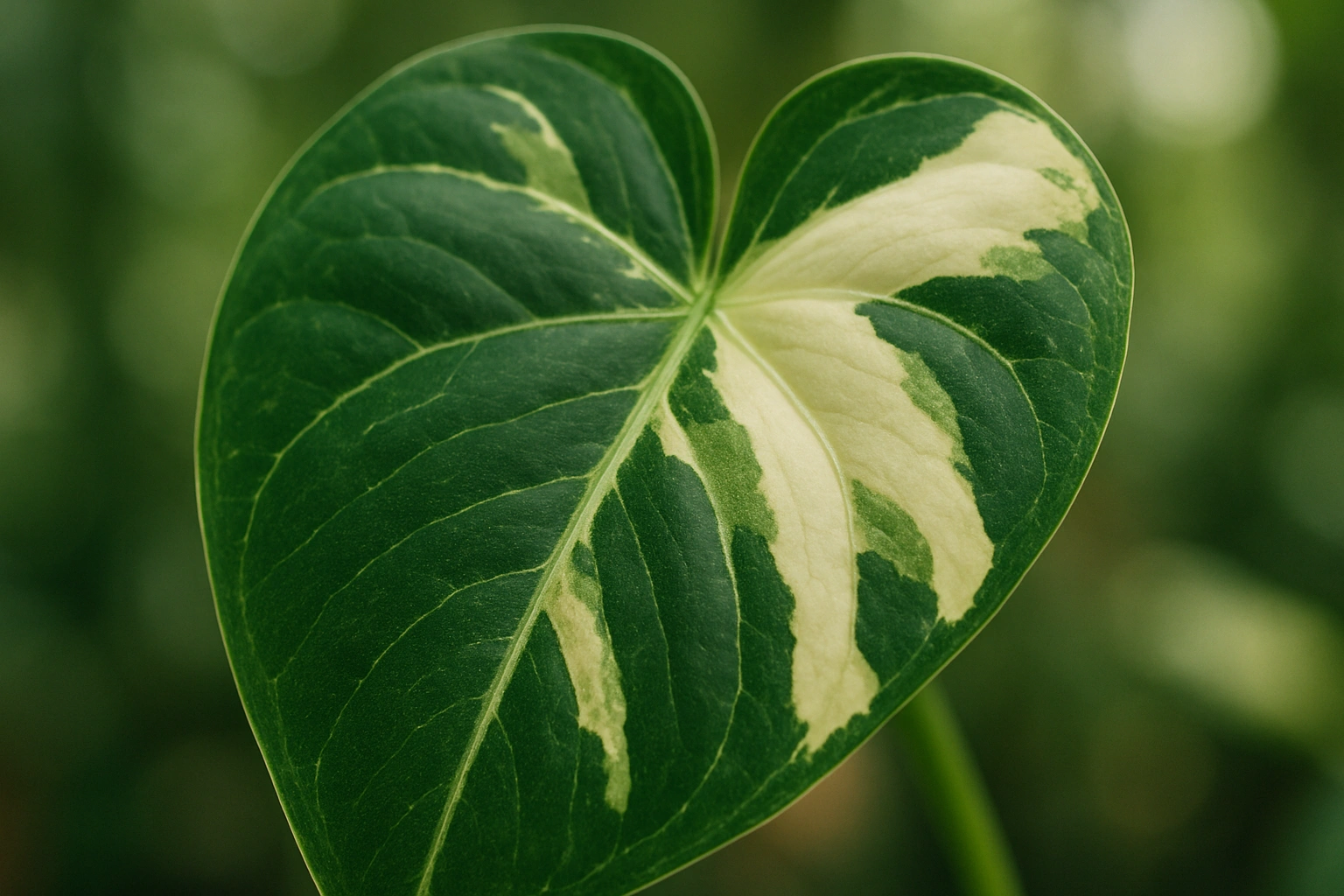 A close-up of a variegated anthurium leaf showing a balanced mix of green and creamy white sectors, illustrating beautiful anthurium variegation.