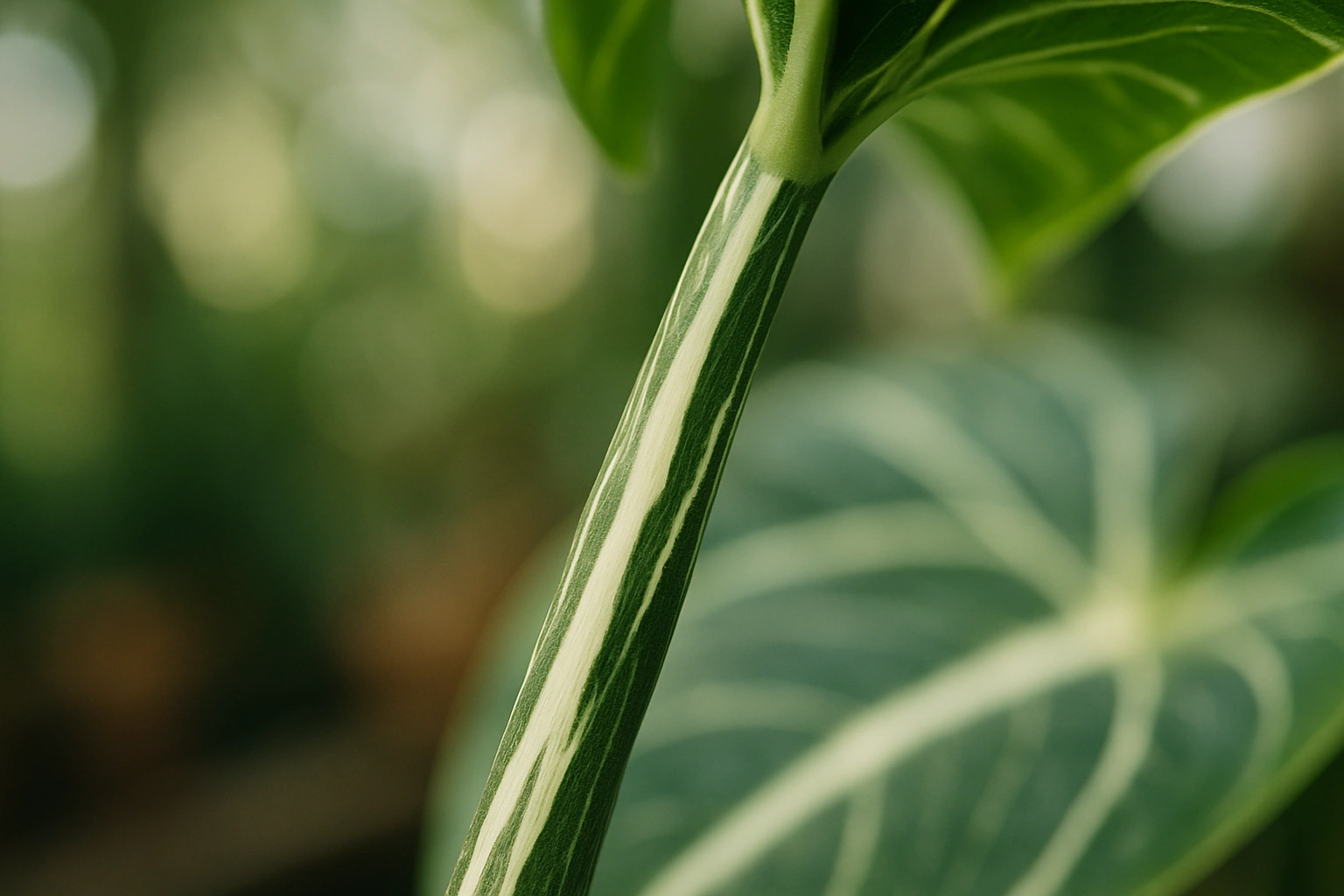A close-up of an anthurium stem showing clear lines of white variegation, a key indicator of variegation stability.