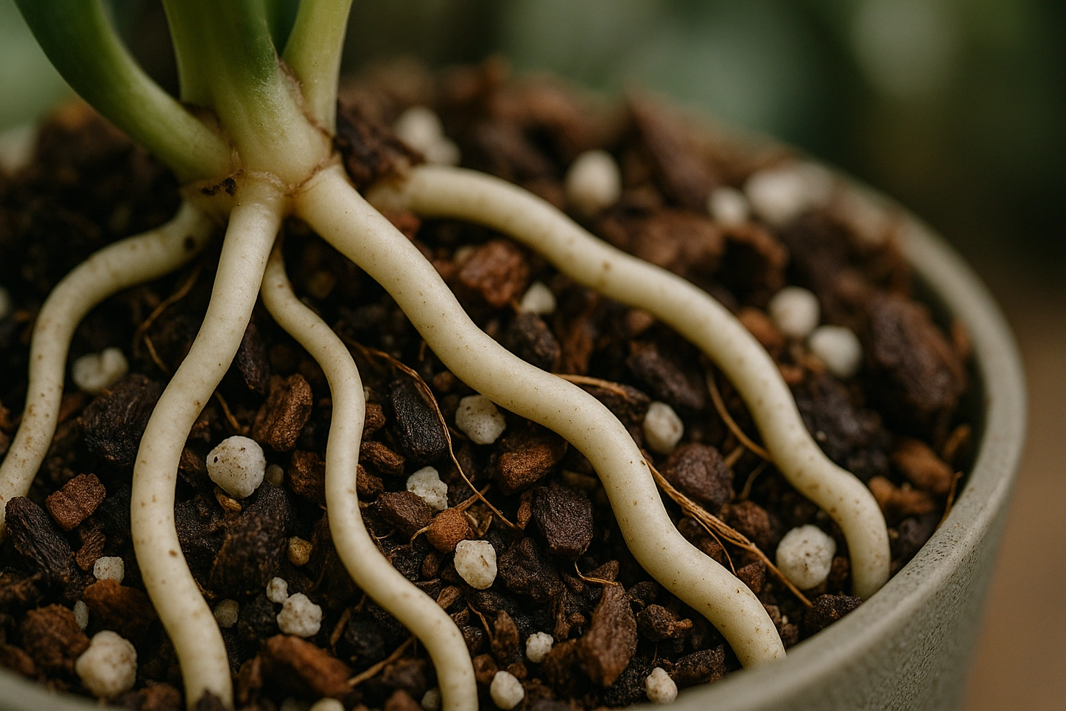 A close-up of healthy, white anthurium roots in a chunky, airy potting mix, demonstrating the ideal environment for nutrient uptake.