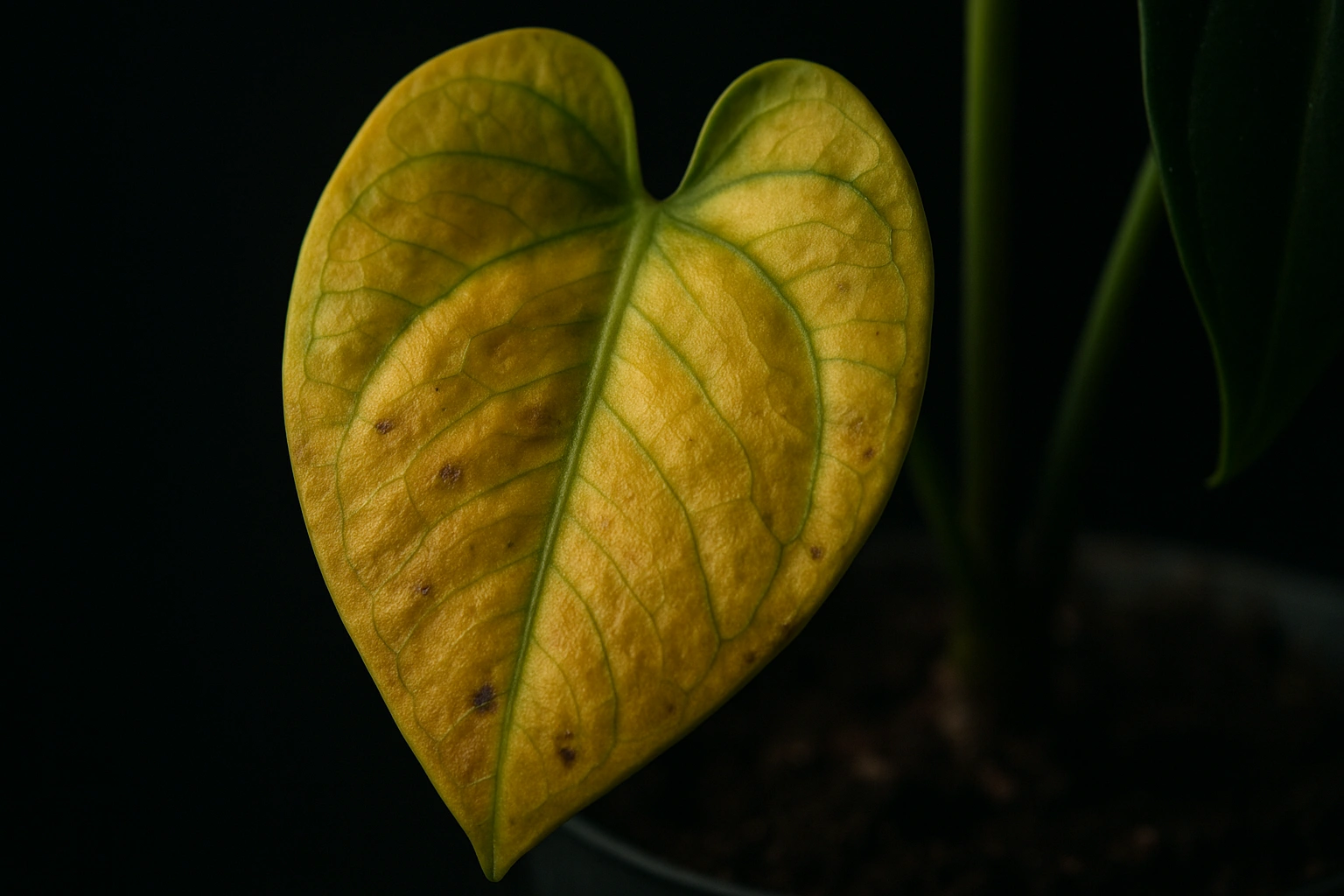 A close-up on a single yellowing lower leaf of an anthurium, a classic sign of overwatering. watering anthuriums