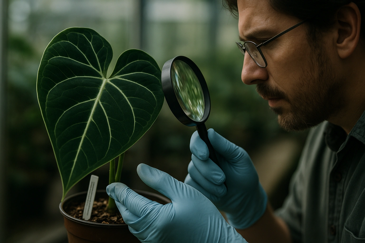 A collector using a magnifying glass to inspect the underside of an anthurium leaf, a crucial step in the pest-free anthuriums checklist.
