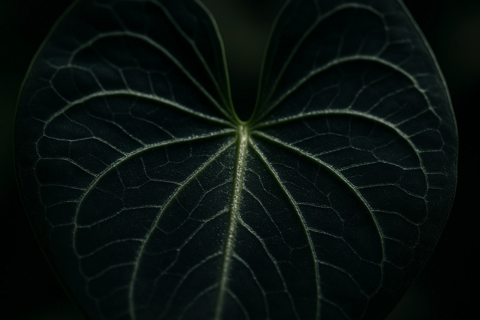 A detailed macro shot focusing on the crystalline veins of a dark anthurium leaf, showcasing advanced anthurium photography.