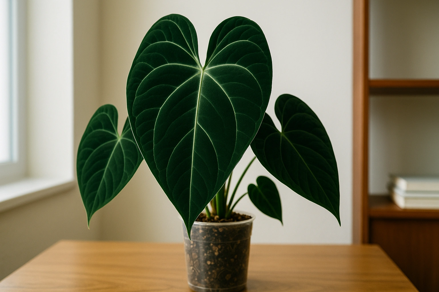 A healthy Anthurium Ace of Spades showing its deep green foliage and heart-shaped leaves in a bright, indirectly lit room.