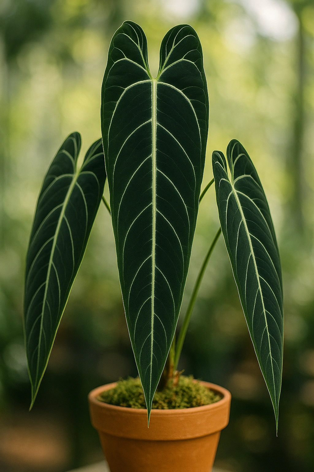 A healthy Anthurium warocqueanum, a prime example of collector anthuriums, showcasing its long, dark velvety leaves and striking silver veins under bright indirect light.
