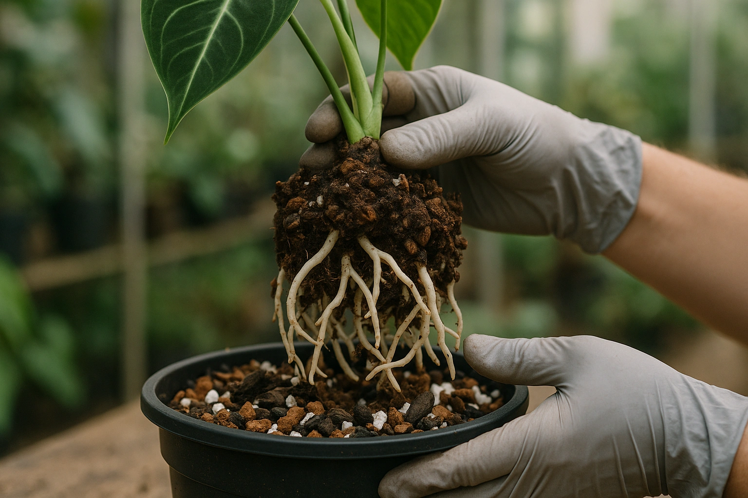 A healthy anthurium being repotted, showing white, vigorous roots and a chunky, well-draining aroid soil mix.
