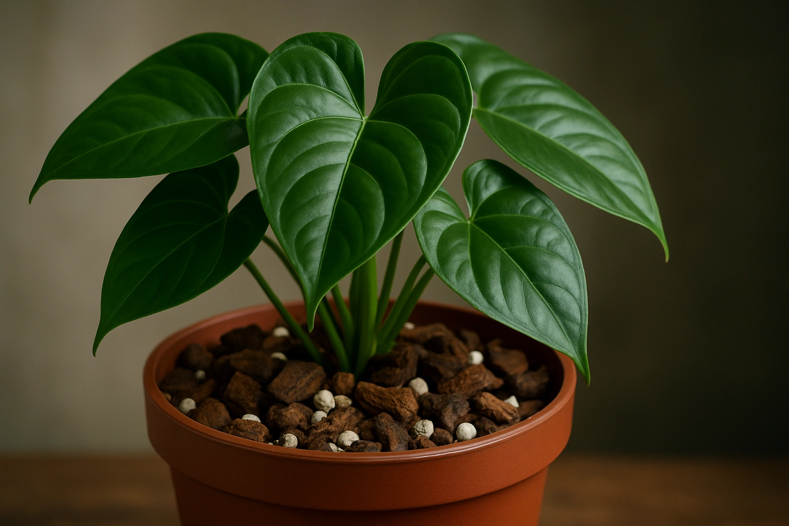 A healthy anthurium plant in a pot, showcasing its lush green leaves and a chunky, well-aerated soil mix.