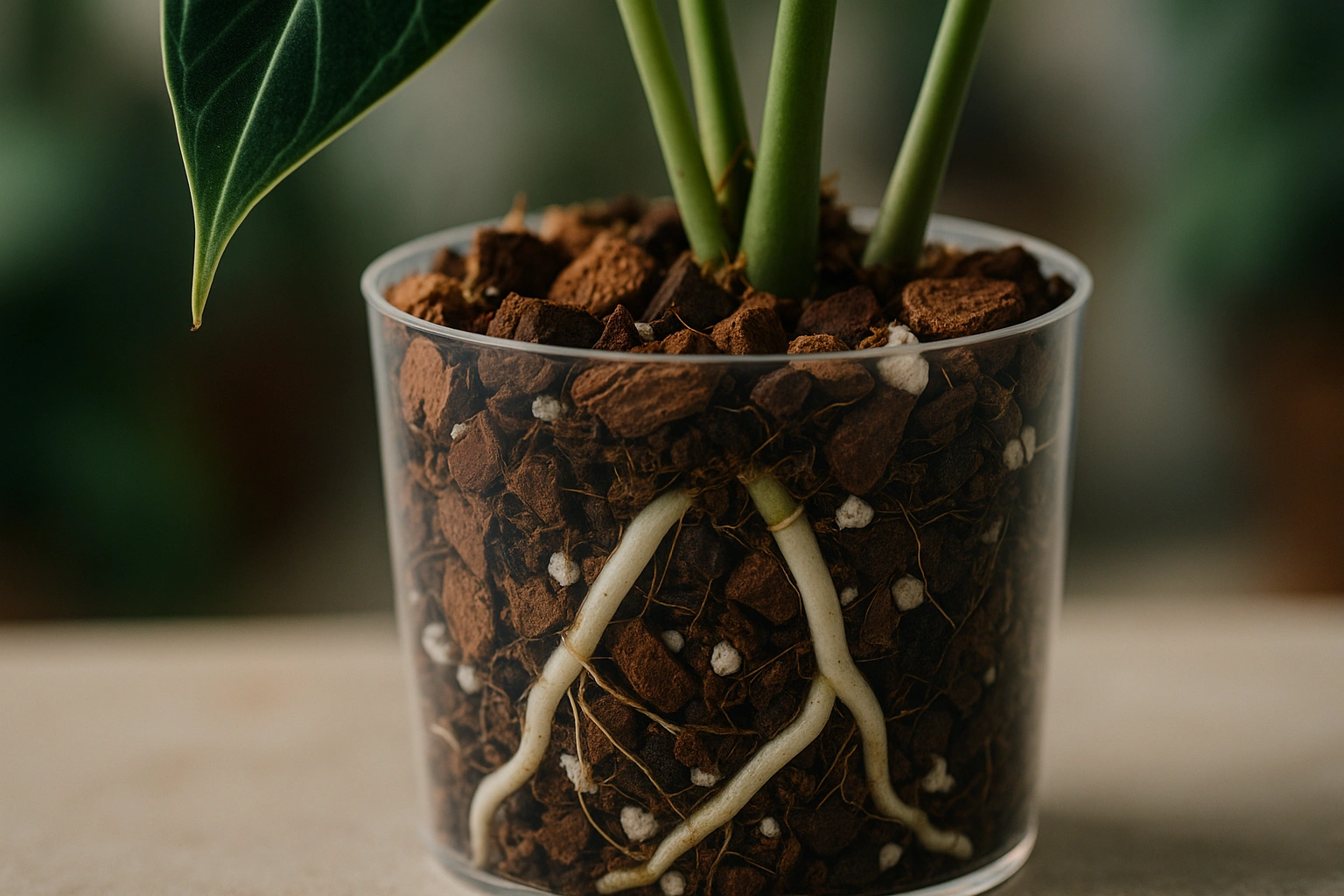 A healthy anthurium's white roots visible in an extremely airy and well-draining potting mix inside a clear pot.