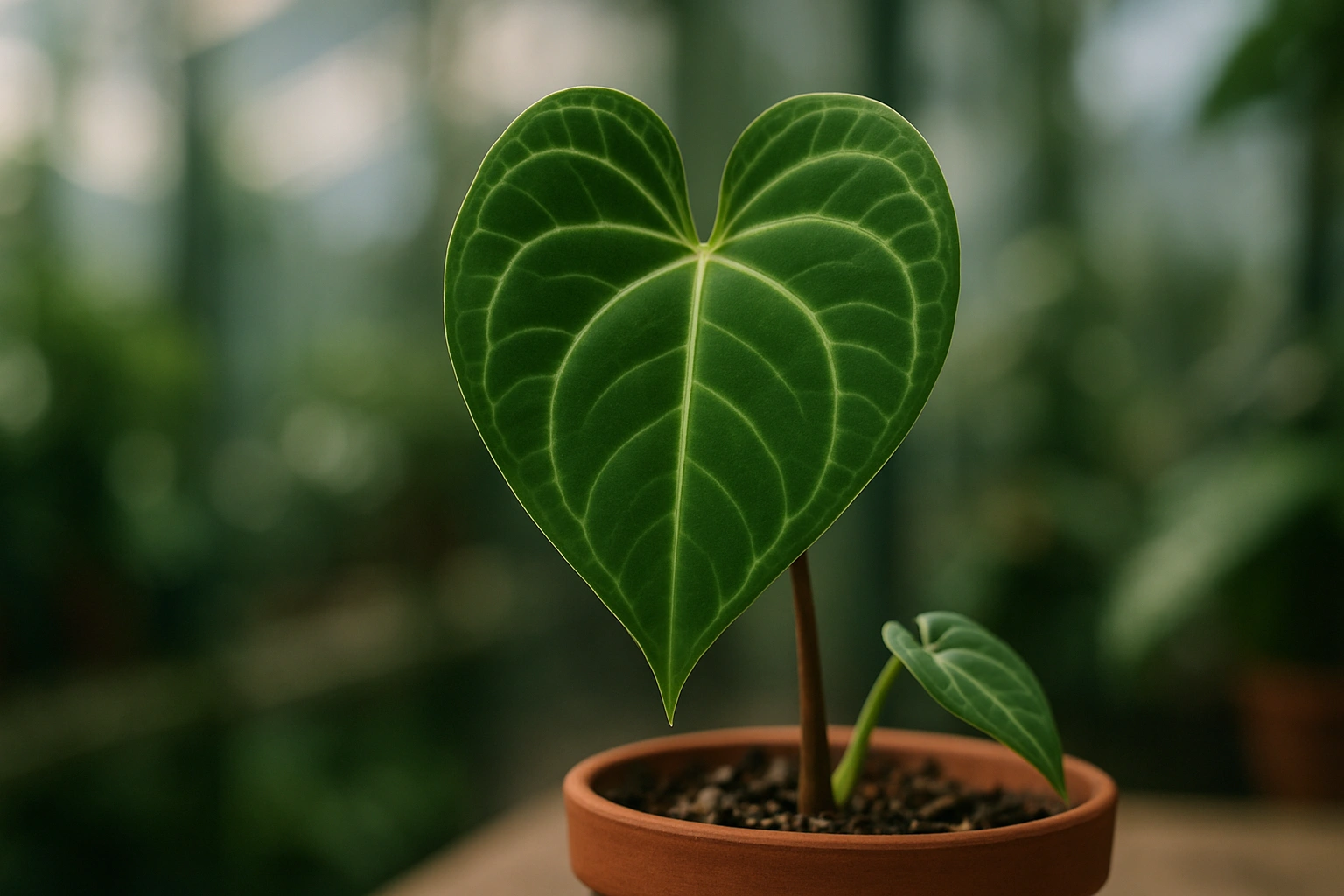 A healthy juvenile Anthurium dressleri showing its characteristic heart-shaped leaf and closed sinus.