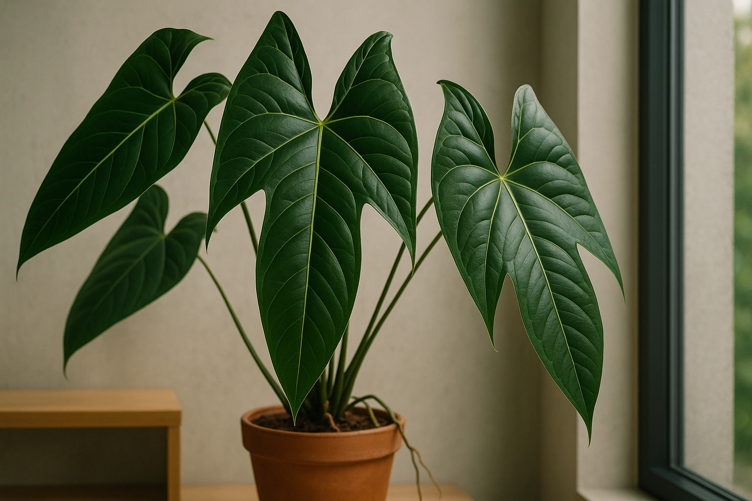 A mature Anthurium pterodactyl plant showcasing its unique, tri-lobed leaves in a well-lit indoor space.