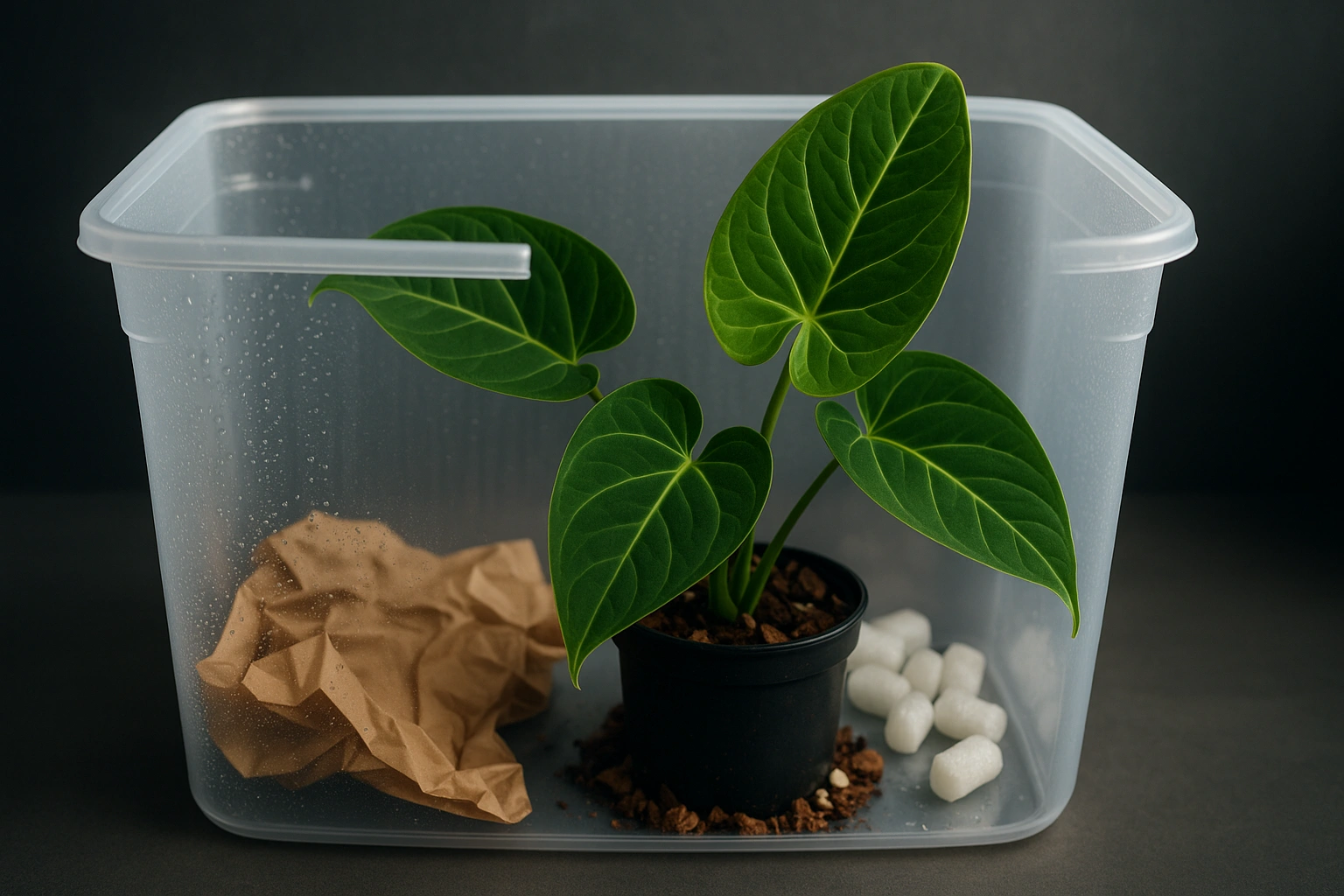 A newly unboxed anthurium plant sitting in a clear storage bin, a simple and effective way to create a high-humidity acclimation chamber. shipping anthuriums