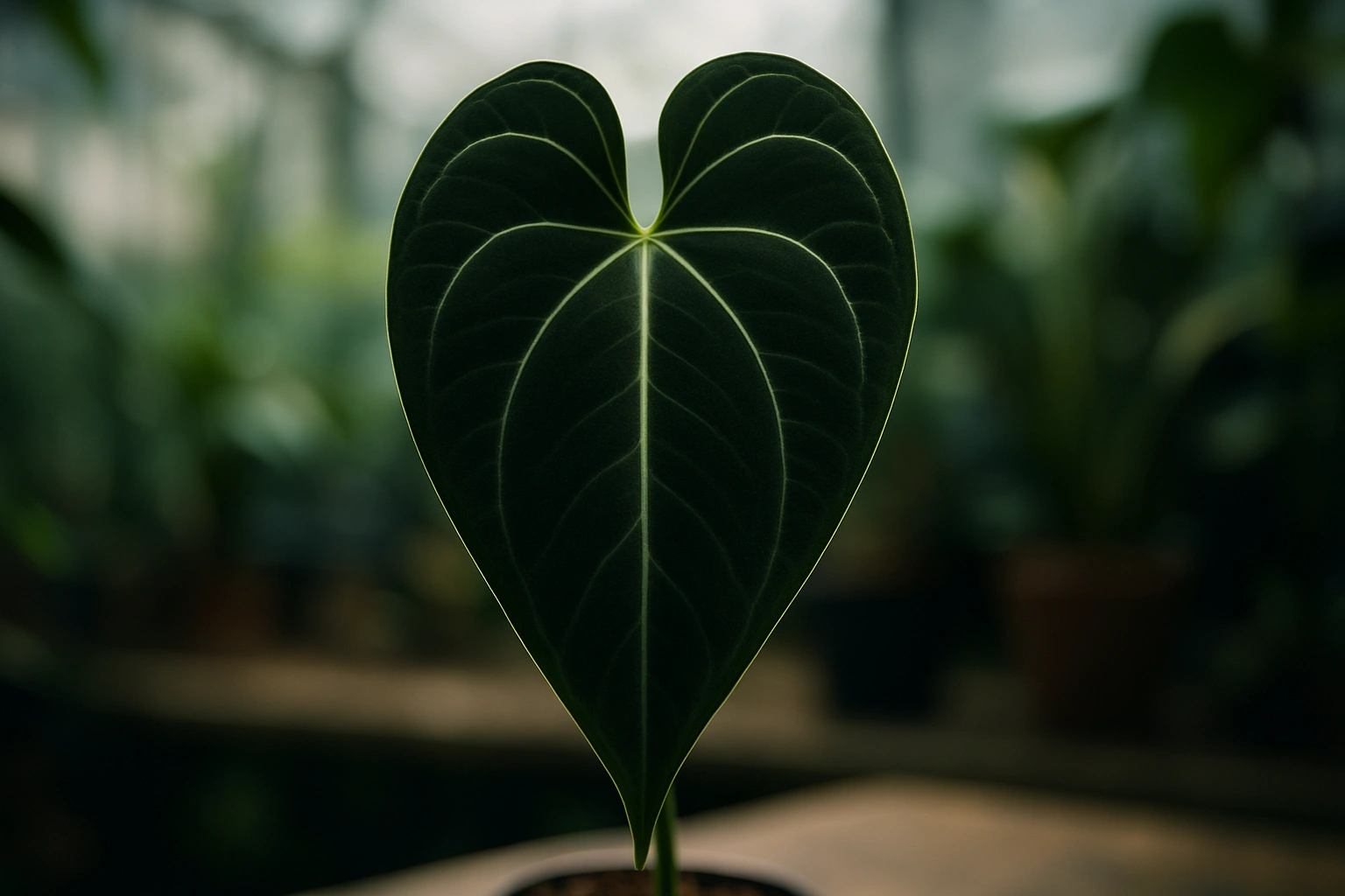 A perfect leaf of Anthurium papillilaminum, showing its elongated heart shape, dark velvety texture, and subtle leaf venation.