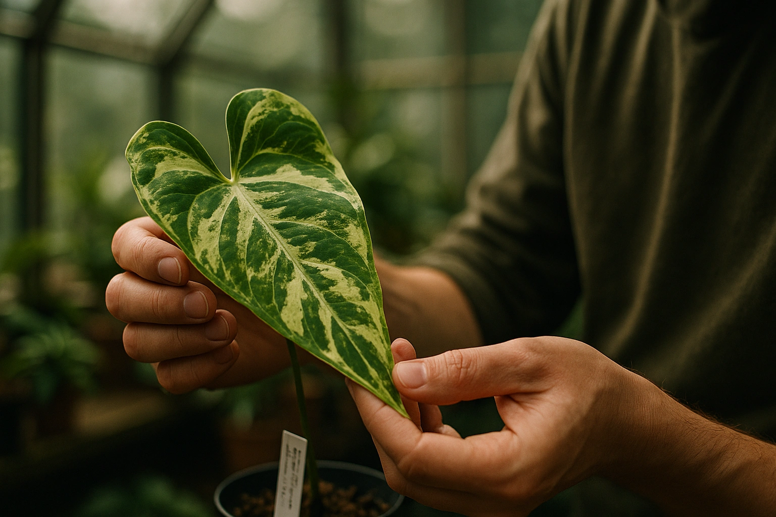 A plant collector gently inspecting a new variegated leaf, highlighting the careful attention required for rare anthurium care.