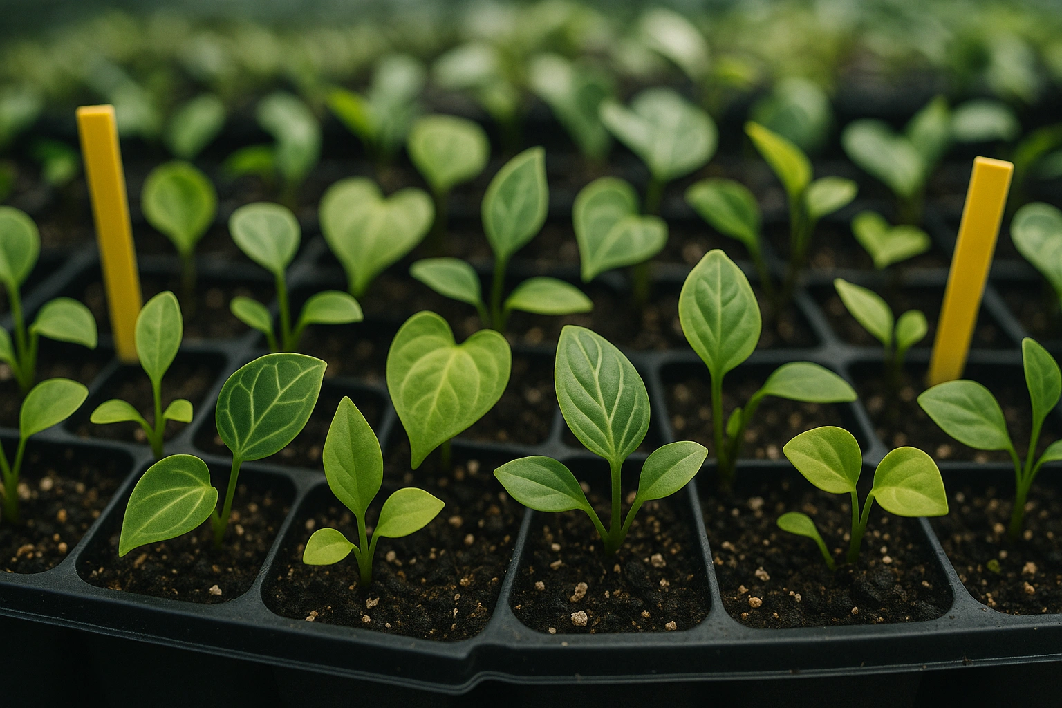 A tray of anthurium seedlings from a selective breeding cross, showing the potential for future phenotype selection. breeding grade anthuriums