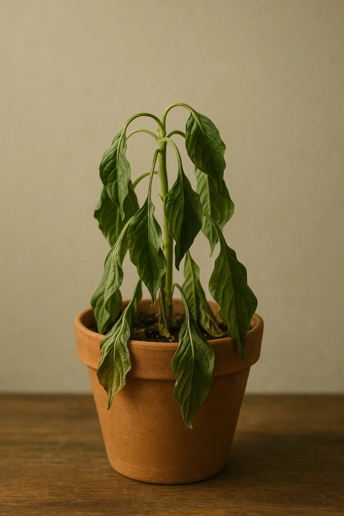 A wilted plant in a pot.