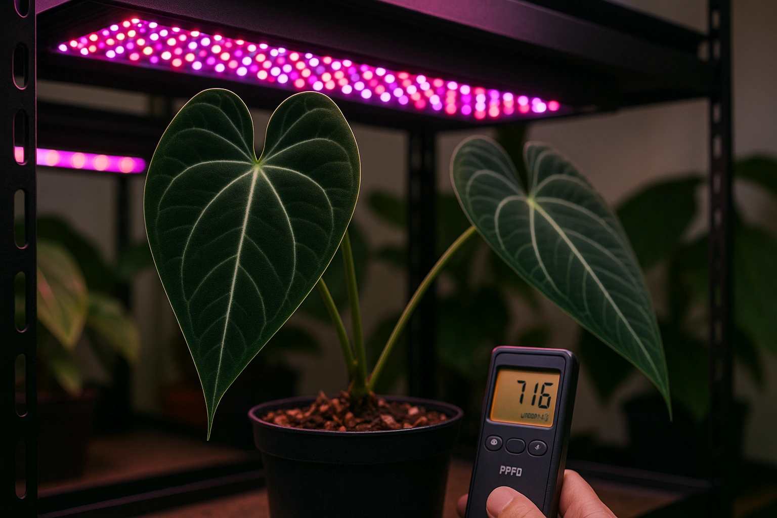 An anthurium papillilaminum thriving under full-spectrum LED grow lights, showcasing the benefits of controlled lighting for velvet leaves.