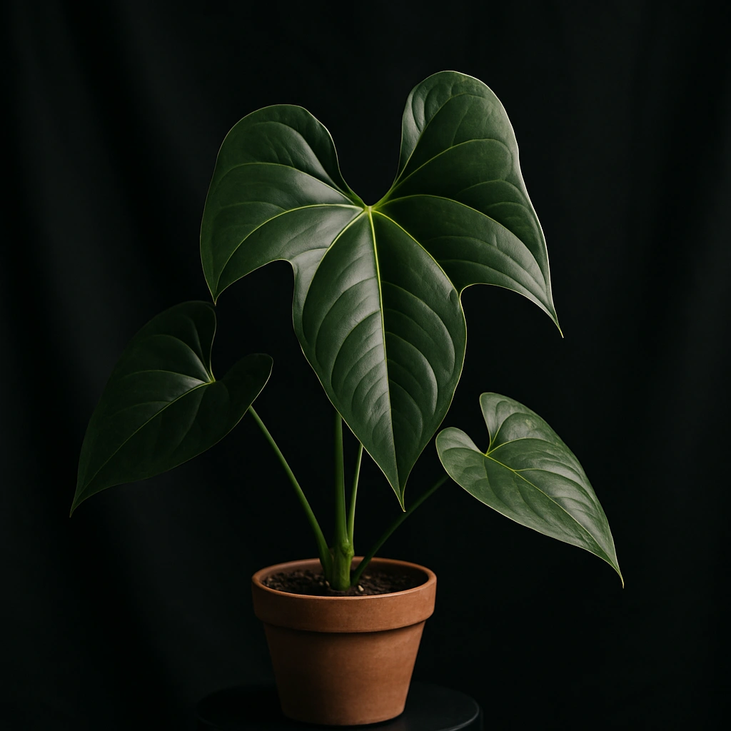 An anthurium placed in front of a simple black cloth backdrop, ready for a studio-style photoshoot.