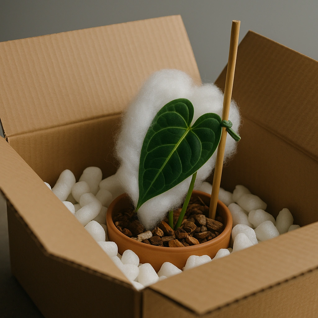 An anthurium plant perfectly packed in a shipping box, showing leaf protection with poly-fil and a bamboo stake for support.