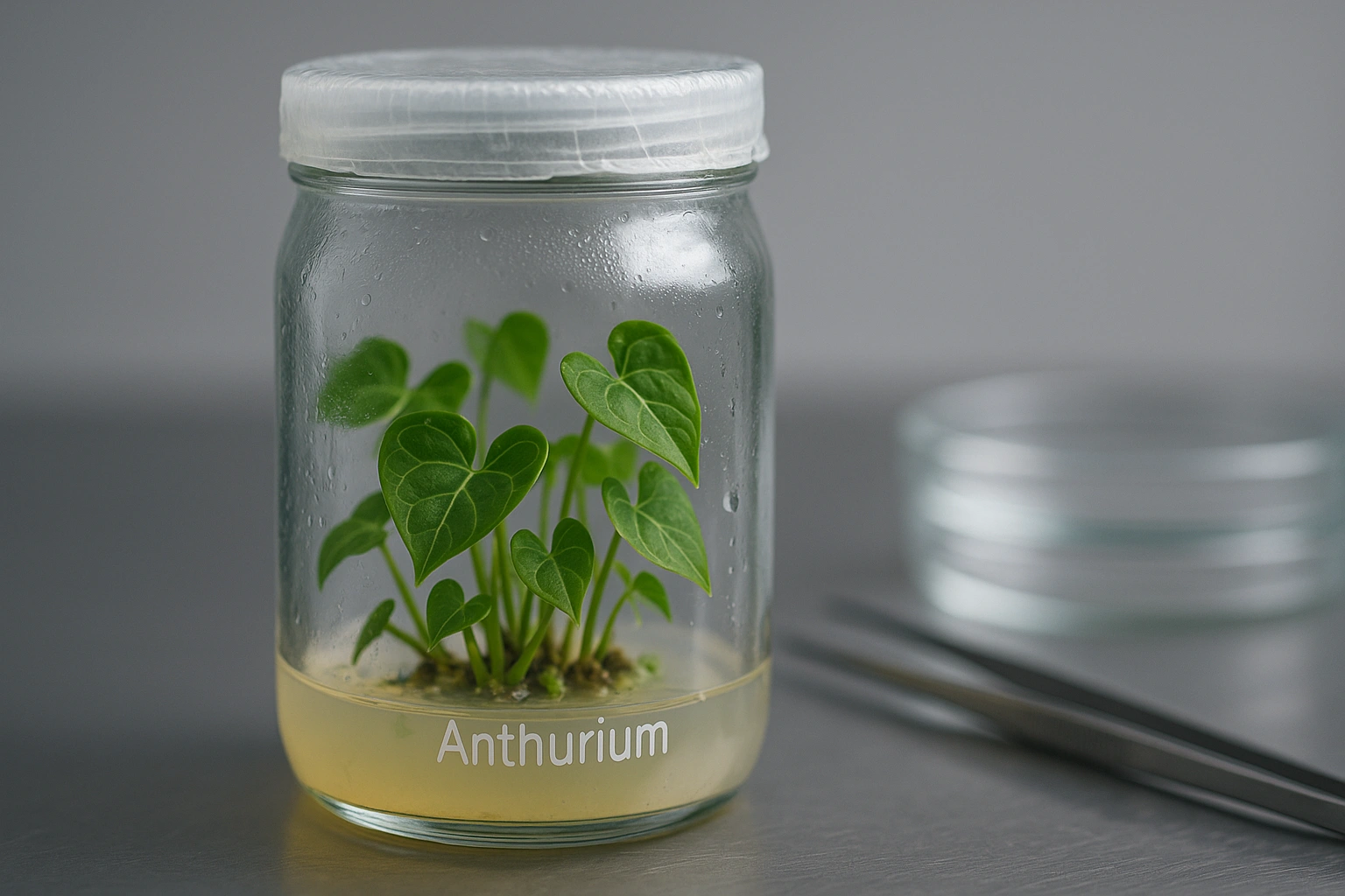 Anthurium plantlets growing in a sterile tissue culture flask, an example of modern propagation for rare foliage.