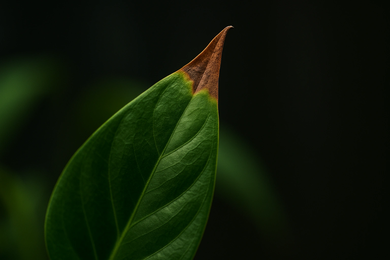Close-up of an anthurium leaf showing brown, crispy tips, a sign of fertilizer burn.