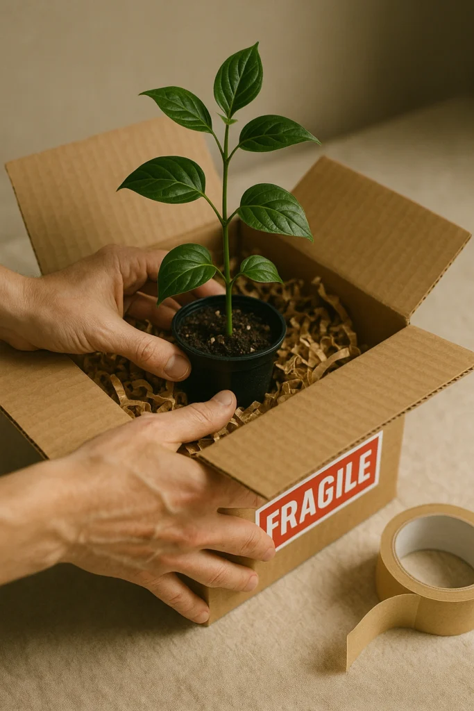 Hands carefully packing a plant for shipping.