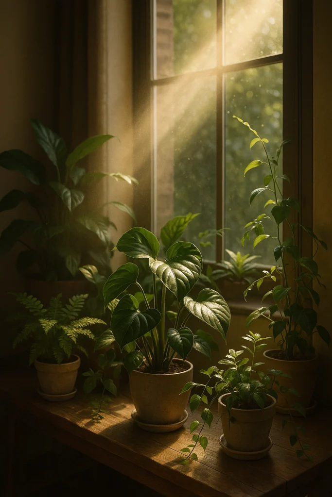 Sunlight streaming through a window onto houseplants.