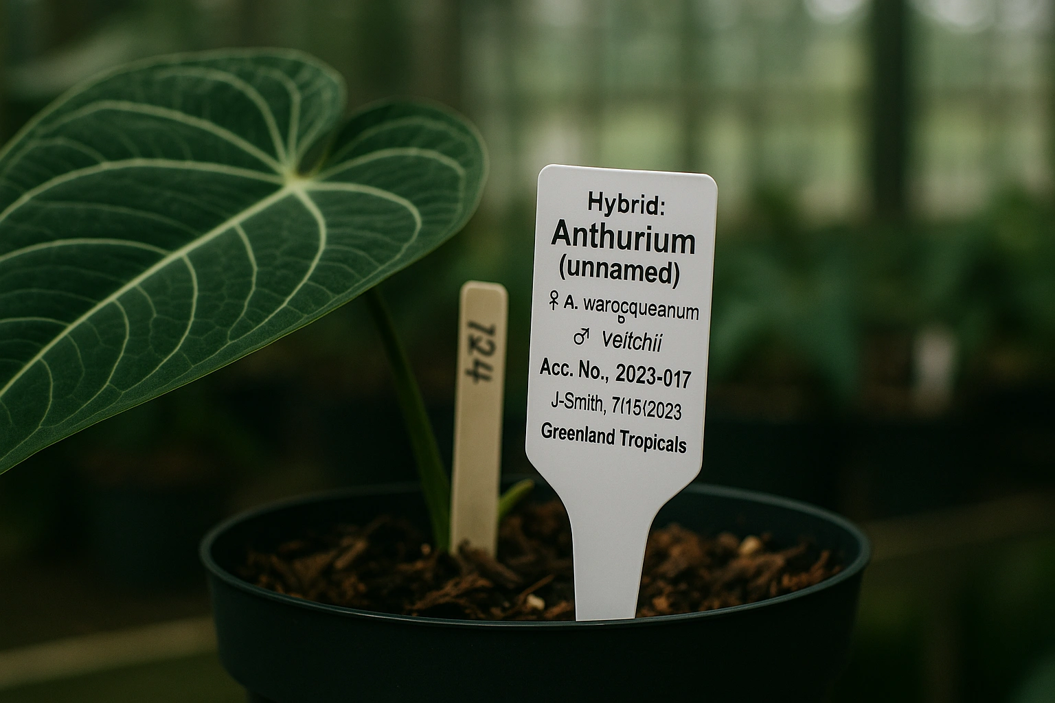 The importance of provenance in collecting anthuriums, shown by detailed plant ID tags listing the full parentage of a hybrid.