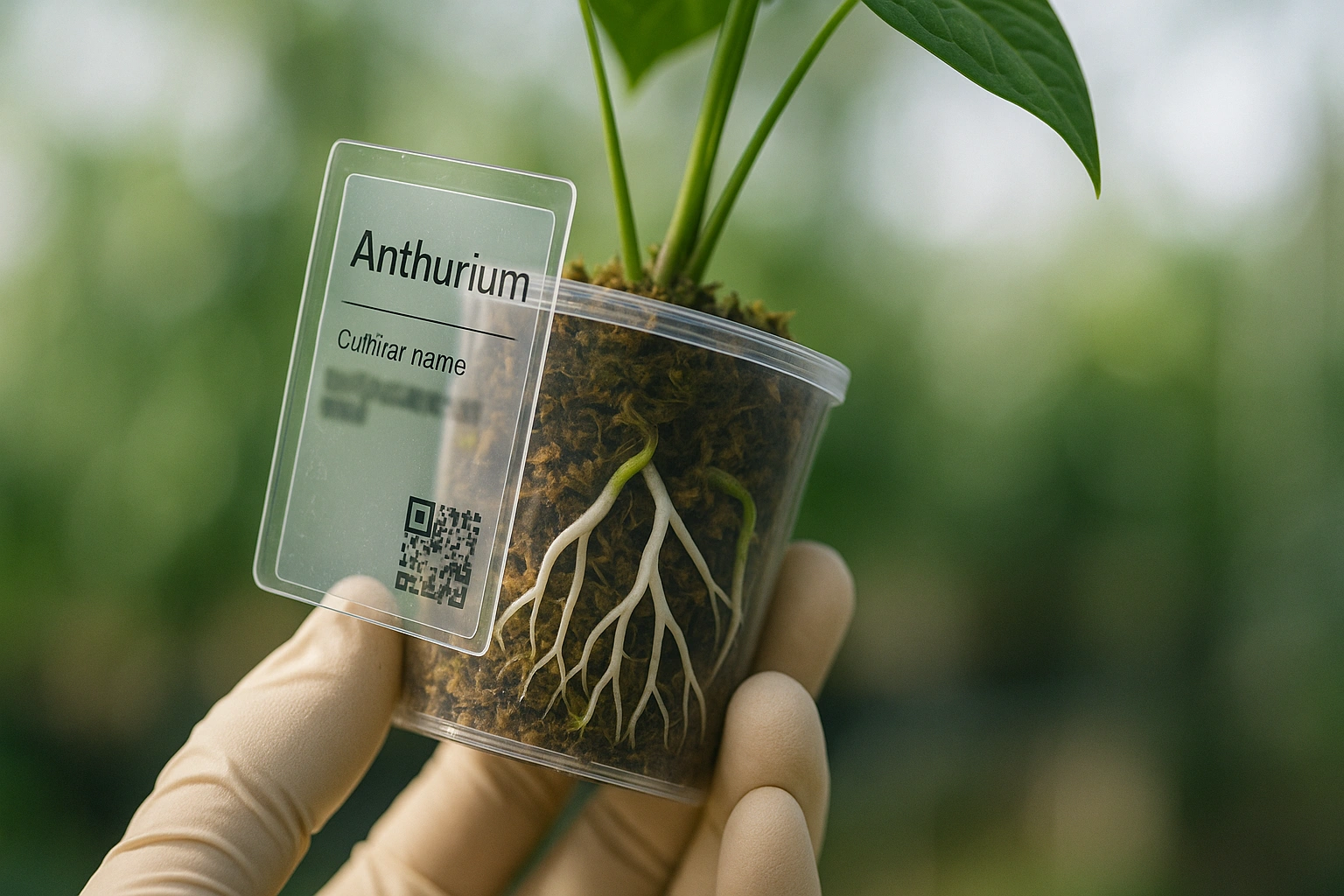 Verifying anthurium provenance with a clear plant tag and checking for healthy white roots.