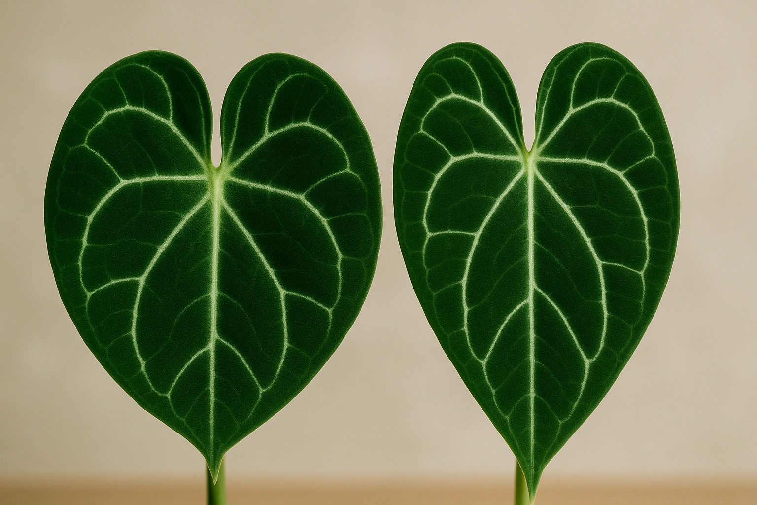 Close-up comparison of two Anthurium leaves: the broad-leaved clarinervium and the more elongated crystallinum, contrasting white veins, soft neutral background, indirect light.