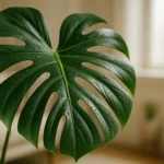 Close-up of Monstera deliciosa leaf fenestrated with water droplets, indirect lighting, living room background blurring bokeh.