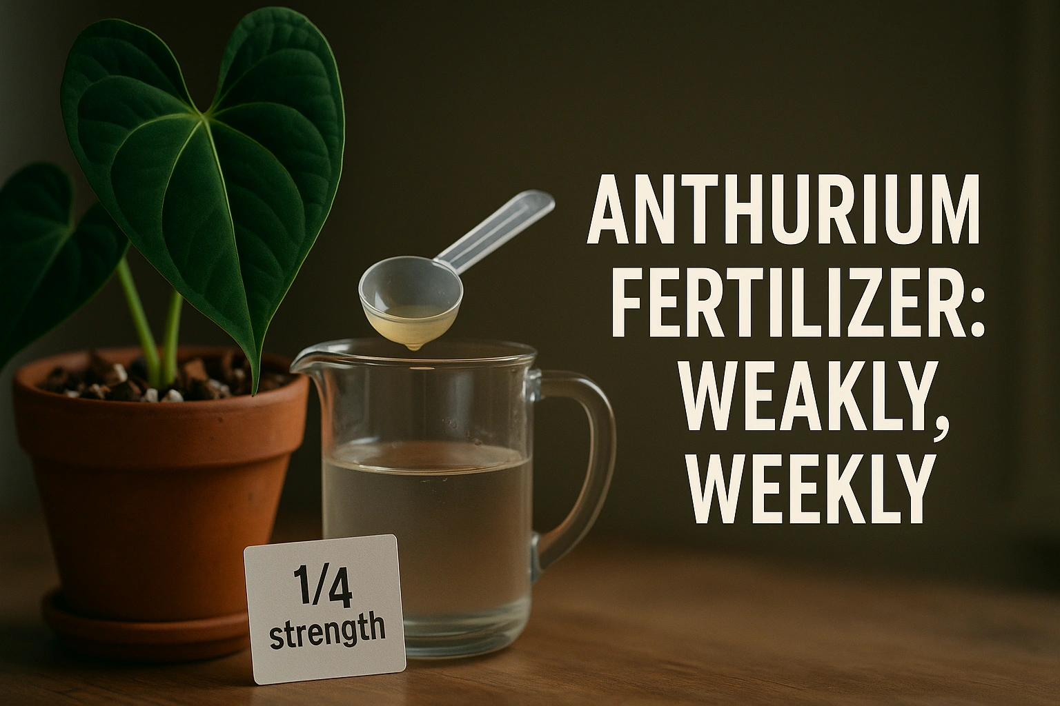 Flat-lay for anthurium fertilizer with micronutrients dropper, EC pen, and mixing notes under soft light.